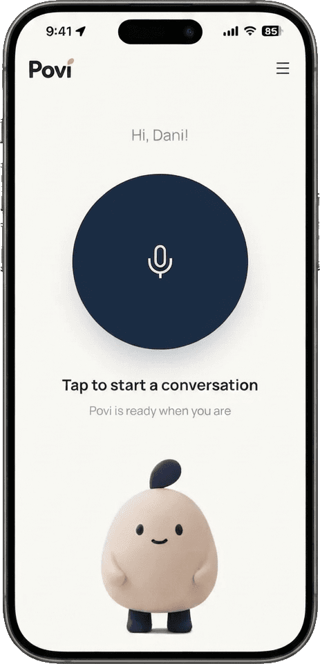 Povi home screen with a microphone button to start a conversation