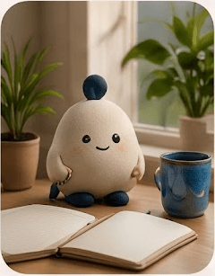 Povi en un escritorio con un cuaderno y una taza