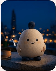 Povi en un balcón con las luces de la ciudad de noche